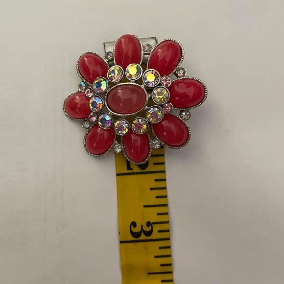 Vintage brooch coral enamel and rhinestone dome shaped on silver tone m - Picture 3 of 4